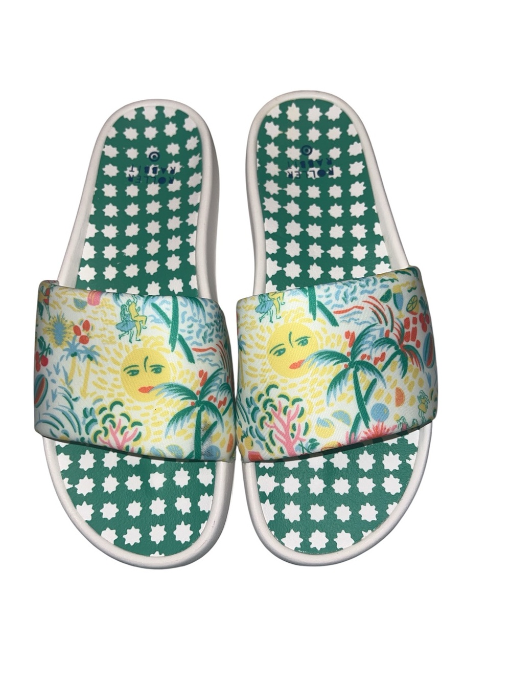 Roller Rabbit Tropical Sun Slide Sandals - vacation Star geo White/Green/Yellow